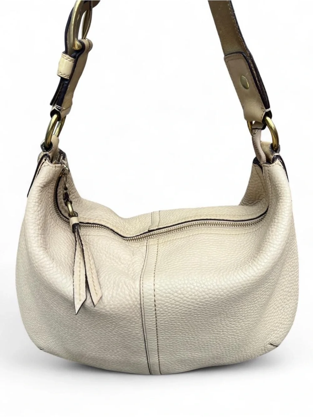 Vintage Coach Cream Leather Hobo Bag with Buckle Charm and Gold Hardware